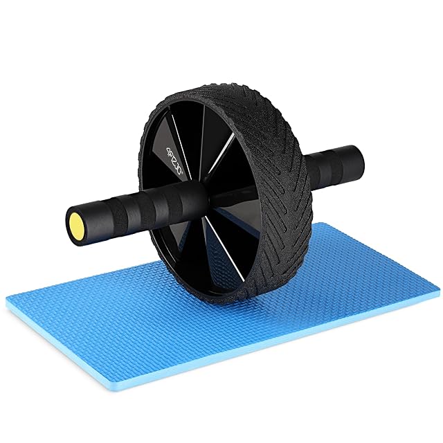 4FIZJO schwarzes Ab Wheel mit Profil, Schaumgriffe mit gelben Kappen, auf einer blauen Kniematte stehend