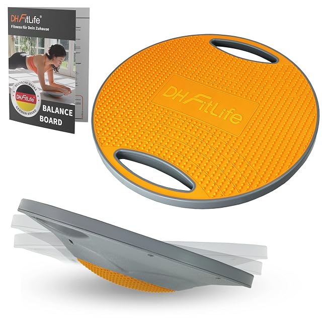 DH FitLife rundes Balance Board, orange genoppte Oberseite auf grauem Rand, zwei ausgeschnittene Griffe, Beilage daneben