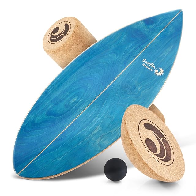 Surfin Balance aquamarinblaues Balanceboard aus Holz mit Walze, Halbkugel und Ball
