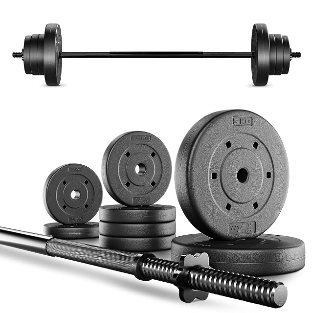 TREX SPORT 120-cm-Stahllanghantel mit acht kunststoffummantelten Scheiben und zwei Sternverschlüssen