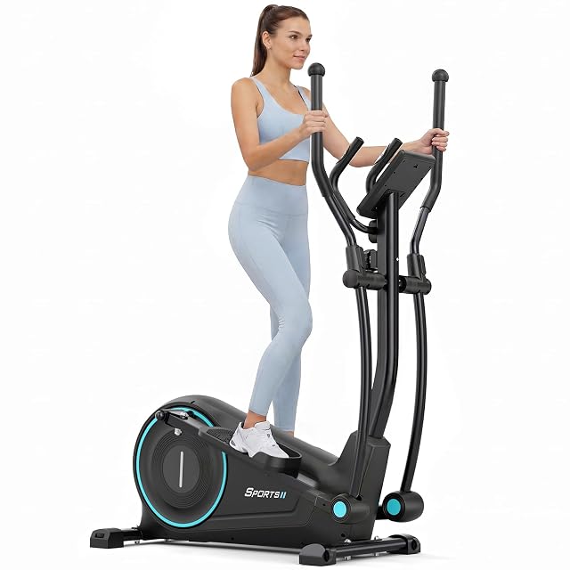 Dripex Crosstrainer in Schwarz mit türkisem Schwungradring und Knöpfen, beweglichen und festen Griffstangen, LCD darüber