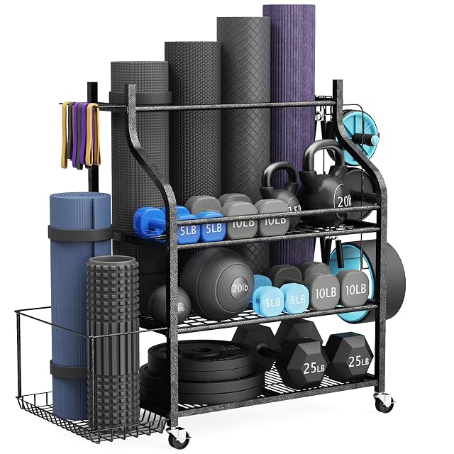 G TALECO GEAR rollbarer Studiowagen mit Matten, Faszienrollen, Kurzhanteln, Kettlebells und Scheiben, auf Rollen