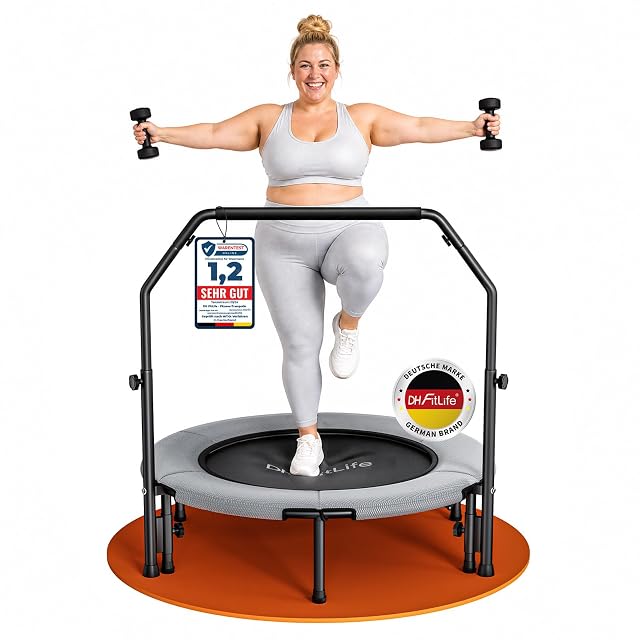 DH FitLife graues Rebounder mit U-förmiger Haltestange, an der ein Warentest-Online-Schild mit 1,2 hängt