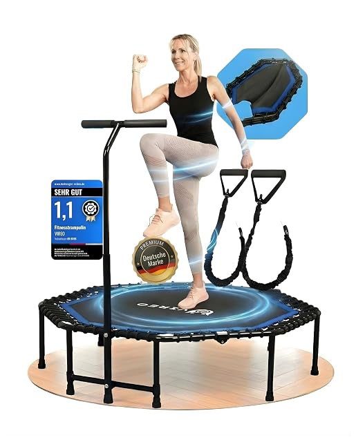 VIREO FLX Trampolin mit blauem Mattenrand und T-Griff, daneben eine testsieger-online-Karte 1,1 und Rohrgriffe