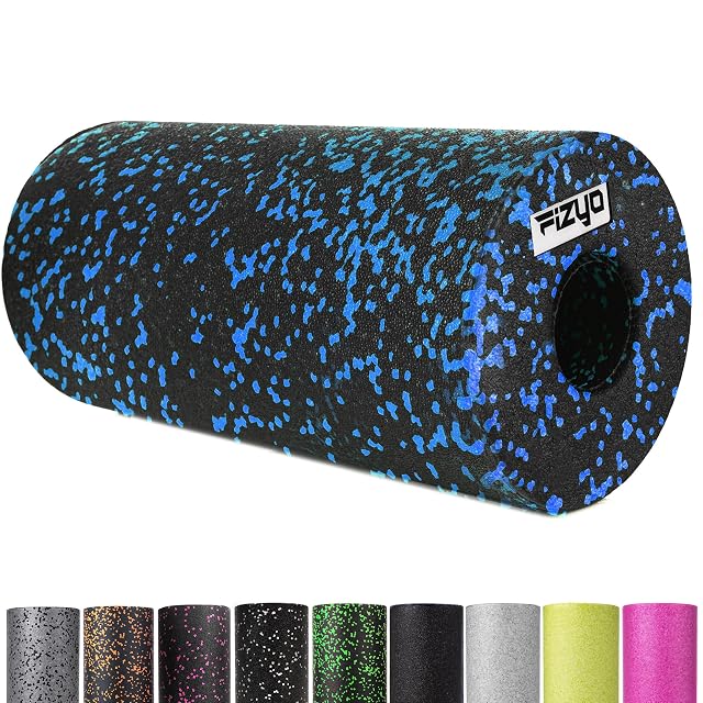 FIZYO Rolle in Schwarz mit blauen Sprenkeln, hohler Kern an einem Ende, darunter neun weitere Farben
