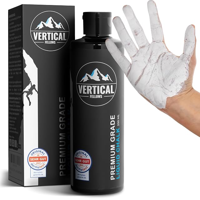 VERTICAL FELLOWS schwarze Flasche mit 250 ml und Karton, beide mit einem Siegel DERMATEST SEHR GUT 2023, daneben eine eingeriebene Hand