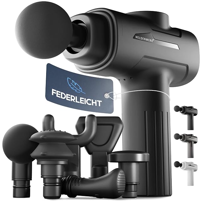 HELDENWERK Mini-Massagepistole mit sechs Aufsätzen und schmalem ergonomischem Griff