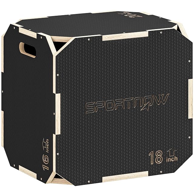 SPORTNOW Plyo Box mit schwarzer Wabengriffschicht und hellen Sperrholzkanten, mit 16 Zoll und 18 Zoll beschriftet