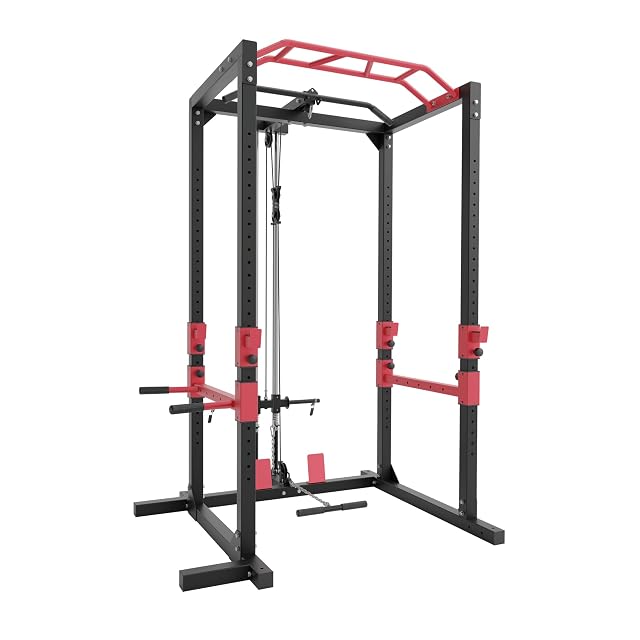 Ultrasport schwarz-rotes Power Rack mit Klimmzugstange, Dip-Holmen und Latzuganbau