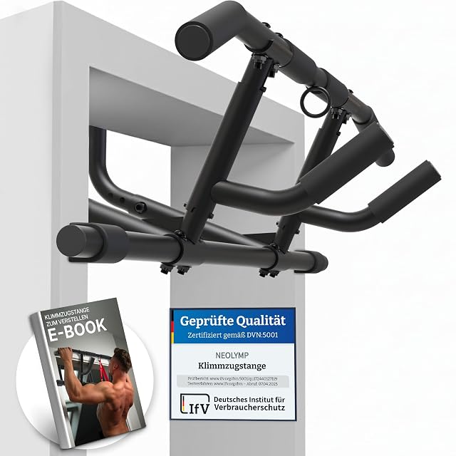 NEOLYMP PUB650 schwarze Türstange über einem Rahmen eingehängt, daneben eine IfV-Karte „Geprüfte Qualität“ und ein E-Book