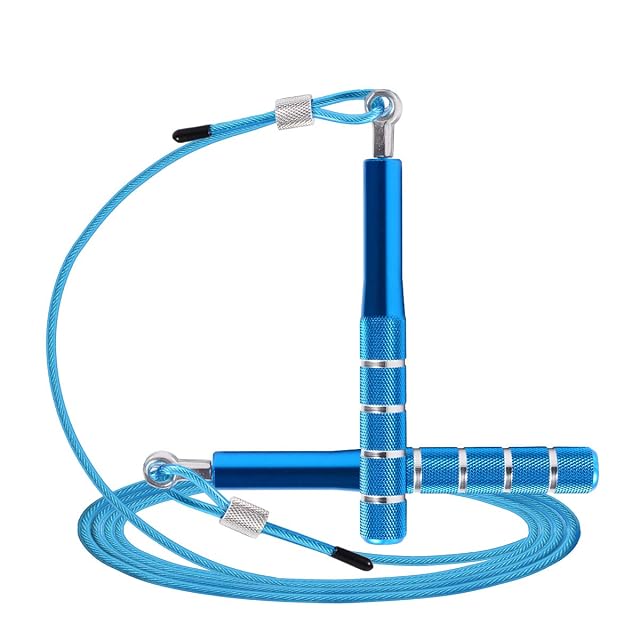 Wastou Speed Rope in leuchtendem Blau, gerändelte Aluminiumgriffe mit silbernen Ringen und ein farblich passendes ummanteltes Seil