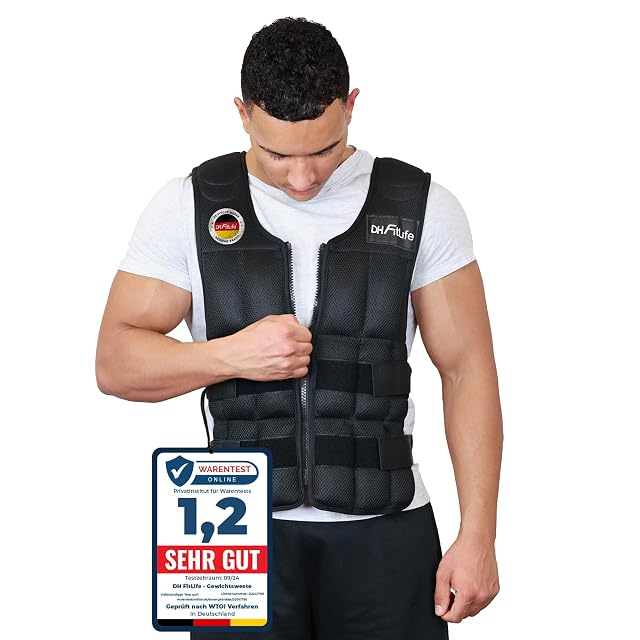 DH FitLife schwarze Gewichtsweste aus Netzgewebe, geschlossen getragen, daneben ein Schild „Warentest Online 1,2“