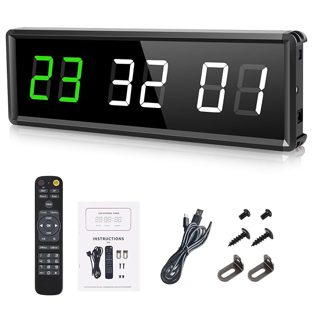 PELLOR schwarze LED-Timerleiste mit grünen und weißen Ziffern, dazu Fernbedienung, Anleitung, USB-Kabel und Halterungen