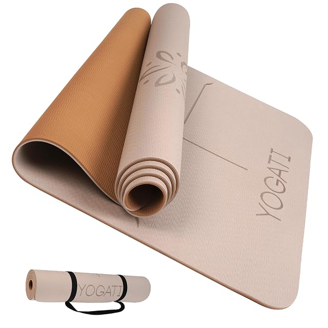 YOGATI Yogamatte mit aufgedruckten Ausrichtungslinien und einem Tragegurt